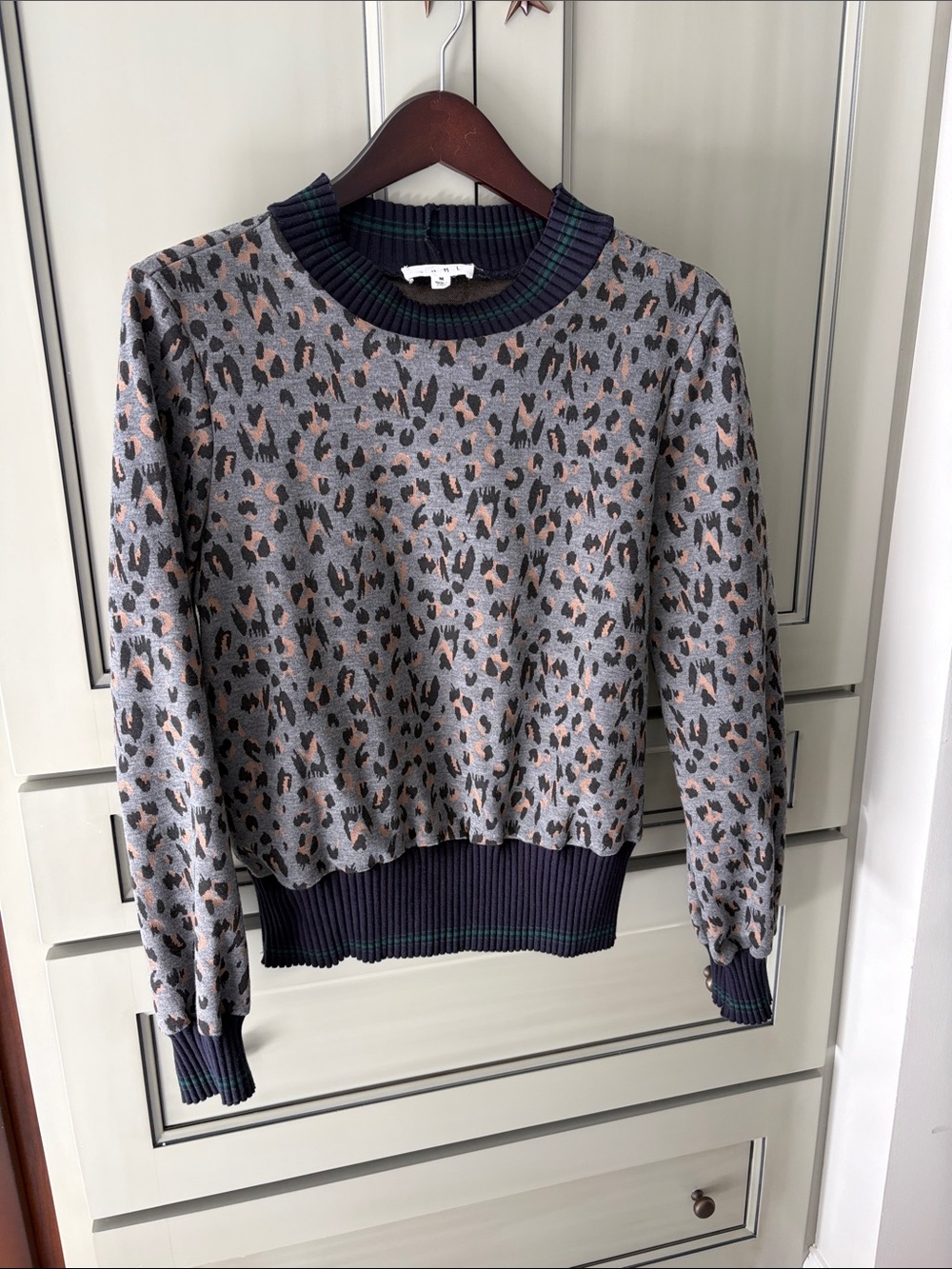 THML Leopard-Print Crewneck Sweater in Gray, Navy and Tan